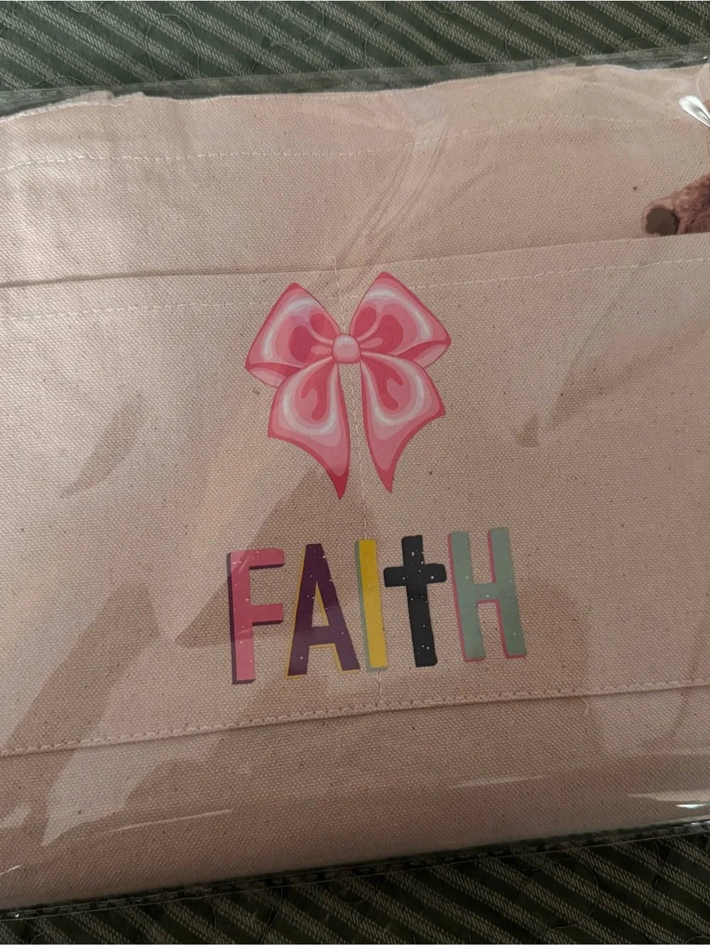 Kids Canvas Tote Bag with Pink Bow and Multicolor FAITH Print
